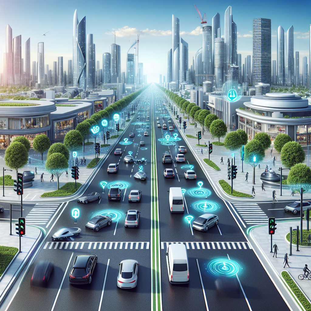 "AI 기술을 활용한 스마트 시티 교통 체계 최적화 이미지, 교통 신호가 최적화된 도로에서 자율주행차와 대중교통이 원활하게 운영되는 모습"